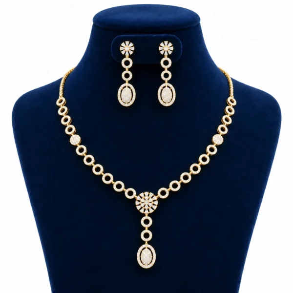 18K Gold Floral Oval Lab Grown Diamond Necklace Set with Matching Earrings featuring circular diamond motifs, floral centre pendant and elegant oval drop design displayed on a navy blue jewellery stand.