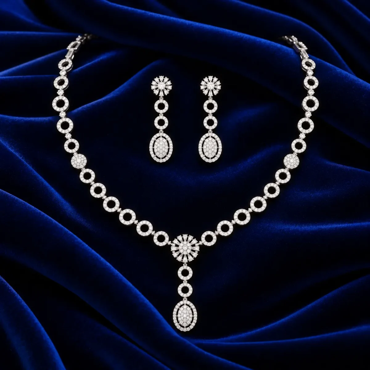 18K Gold Floral Oval Lab Grown Diamond Necklace Set with Matching Earrings - Image 2