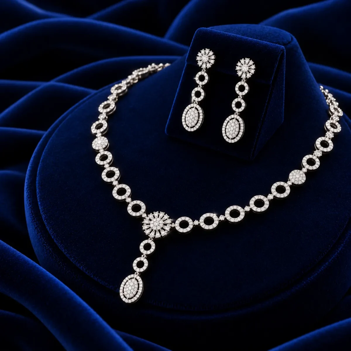 18K Gold Floral Oval Lab Grown Diamond Necklace Set with Matching Earrings - Image 3
