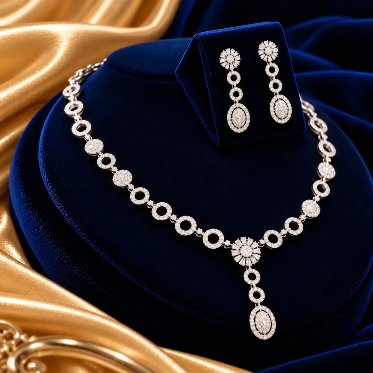 18K Gold Floral Oval Lab Grown Diamond Necklace Set with Matching Earrings - Image 4