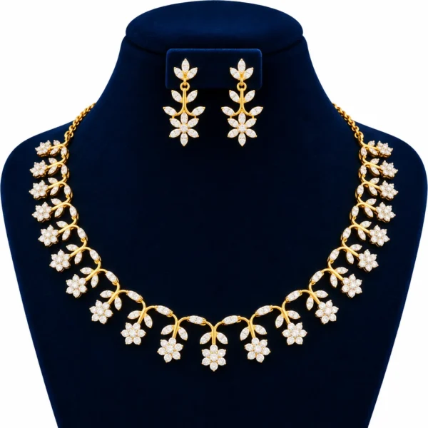 18K gold floral vine lab grown diamond necklace set with marquise diamond leaves, dangling flower clusters and matching earrings on navy blue jewellery bust