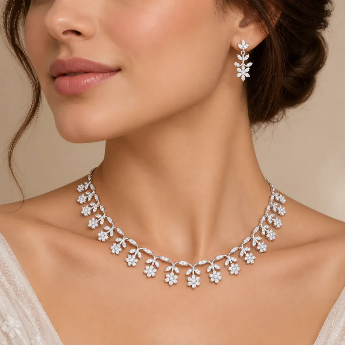 18K Gold Floral Vine & Leaf Lab Grown Diamond Necklace Set for Women - Image 5