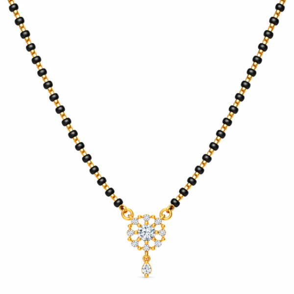 18K Gold Flower Lab Grown Diamond Mangalsutra with 0.40 Carat E-F Colour VS1 Clarity Diamonds and Traditional Black Beads