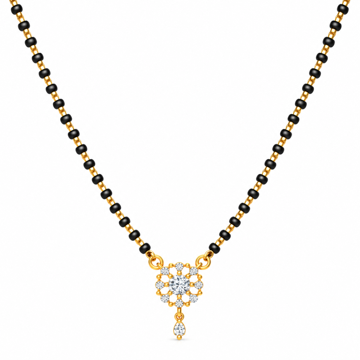 18K Gold Flower Lab Grown Diamond Mangalsutra 18K Gold Flower Lab Grown Diamond Mangalsutra with 0.40 Carat E-F Colour VS1 Clarity Diamonds and Traditional Black Beads