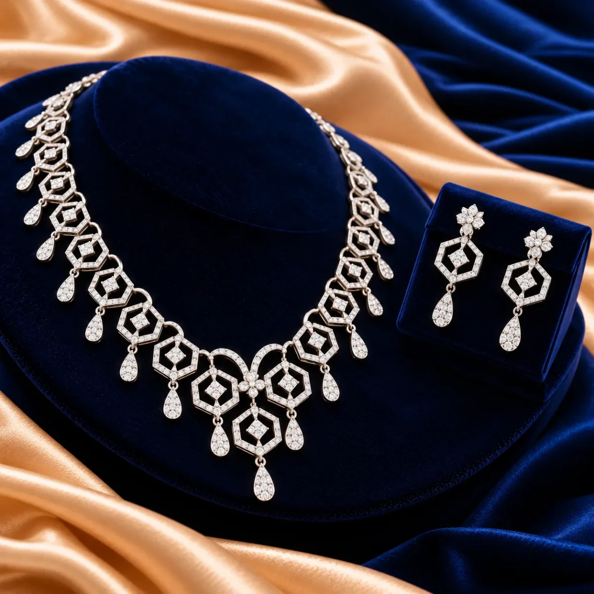 18K Gold Geometric Hexagon Lab Grown Diamond Necklace Set with Matching Earrings - Image 4