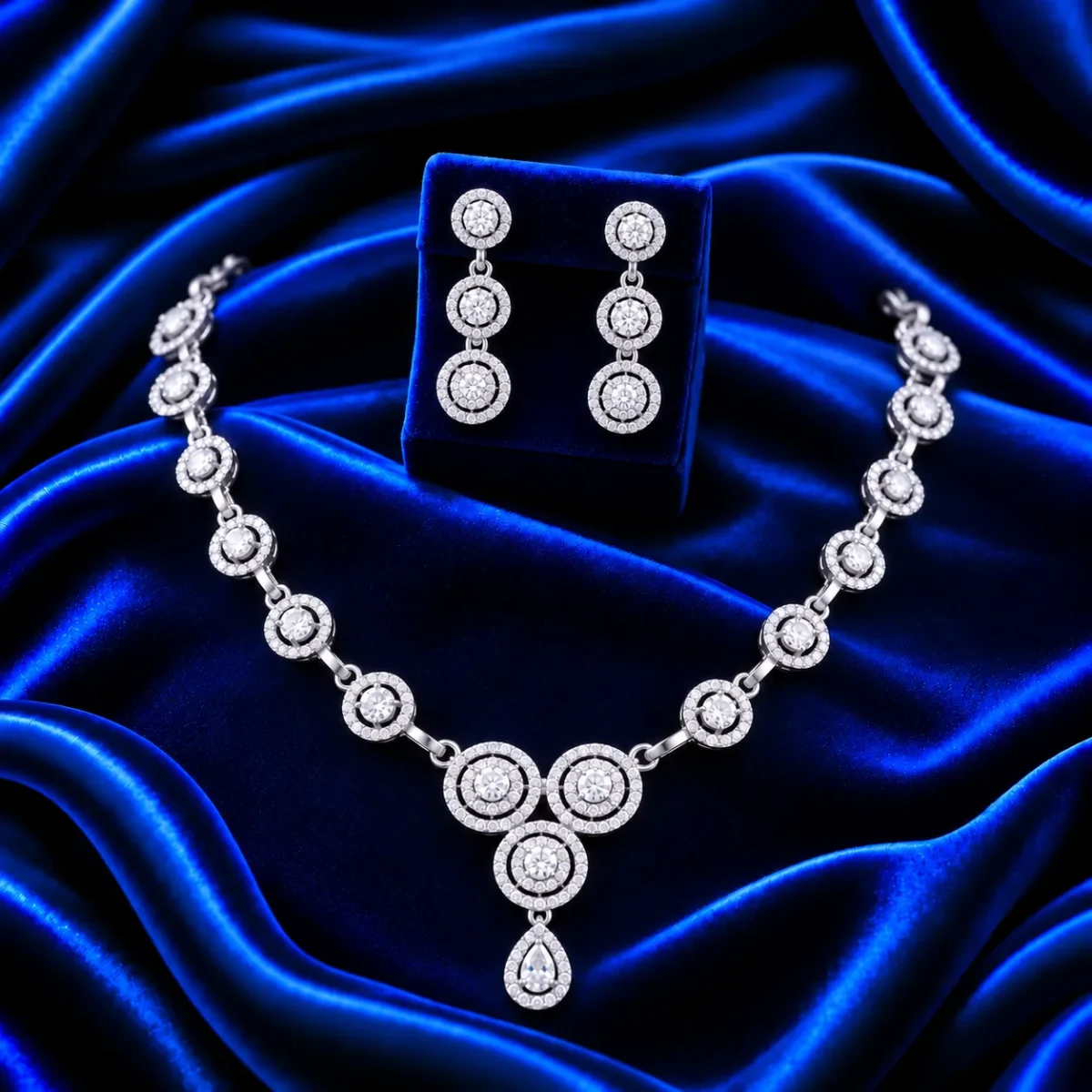 18K Gold Halo Lab Grown Diamond Necklace Set with Matching Earrings - Image 2