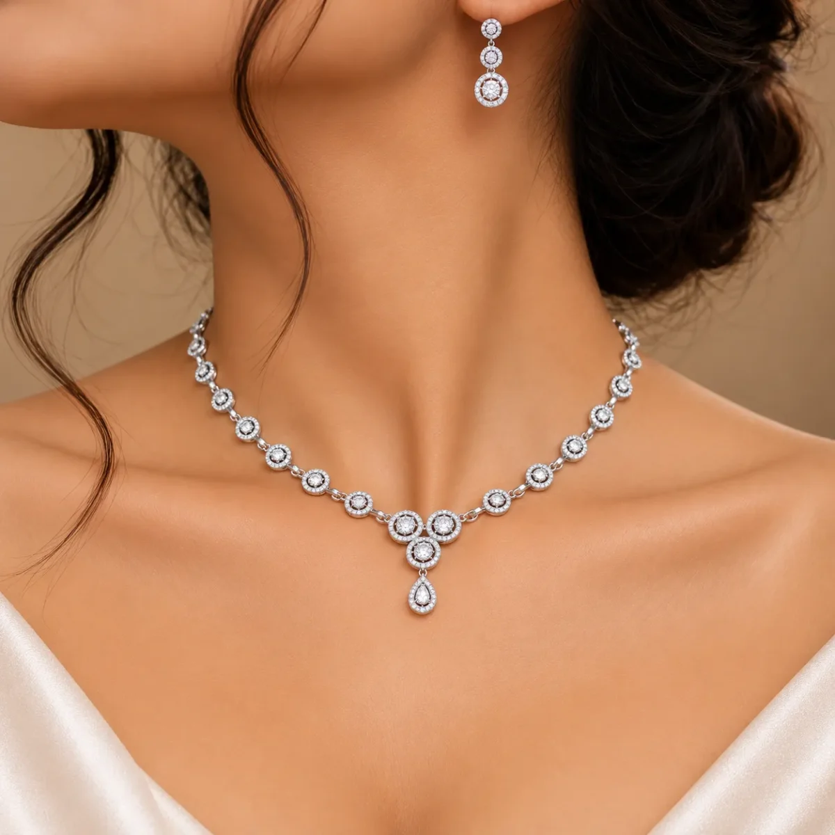 18K Gold Halo Lab Grown Diamond Necklace Set with Matching Earrings - Image 5