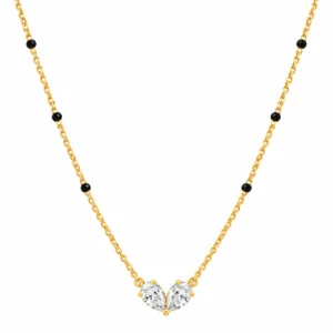 18K gold double curve lab grown diamond mangalsutra for women featuring two curved diamond rows and traditional black beads