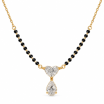 18K Gold Heart & Pear Cut Lab Grown Diamond Mangalsutra for Women featuring a 1 carat heart-shaped diamond, a 1 carat pear-shaped diamond and traditional black mangalsutra beads.
