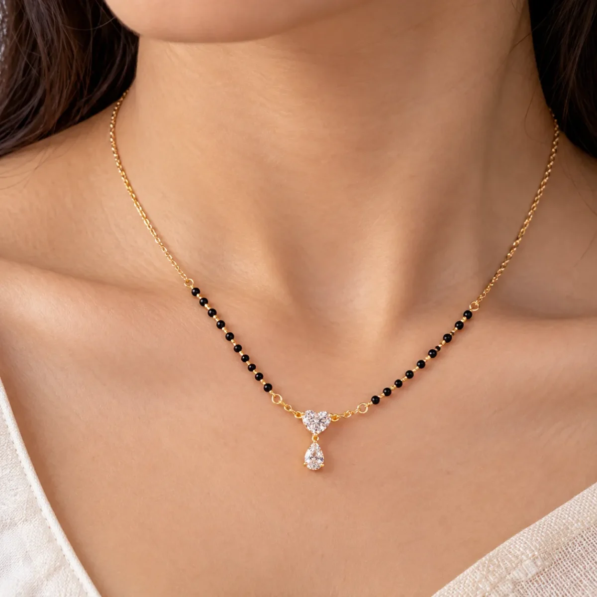 18K Gold Heart & Pear Cut Lab Grown Diamond Mangalsutra - Image 4