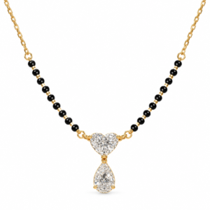 18K Gold Heart & Pear Cut Lab Grown Diamond Mangalsutra for Women featuring a 1 carat heart-shaped diamond, a 1 carat pear-shaped diamond and traditional black mangalsutra beads.