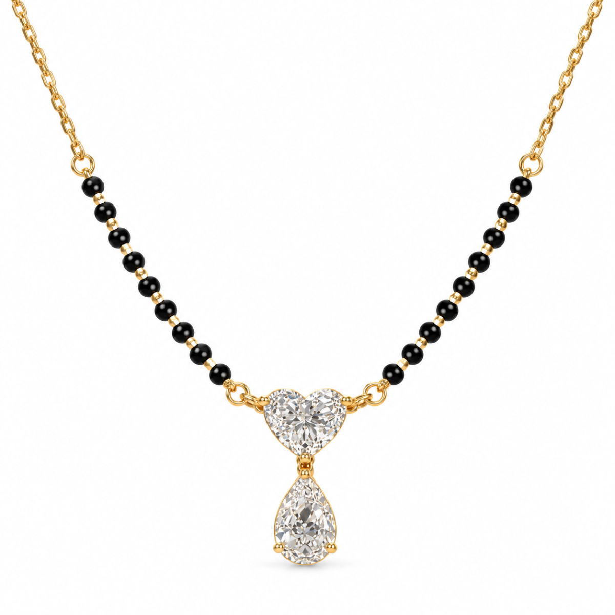 18K Gold Heart & Pear Cut Lab Grown Diamond Mangalsutra for Women 18K Gold Heart & Pear Cut Lab Grown Diamond Mangalsutra for Women featuring a 1 carat heart-shaped diamond, a 1 carat pear-shaped diamond and traditional black mangalsutra beads.