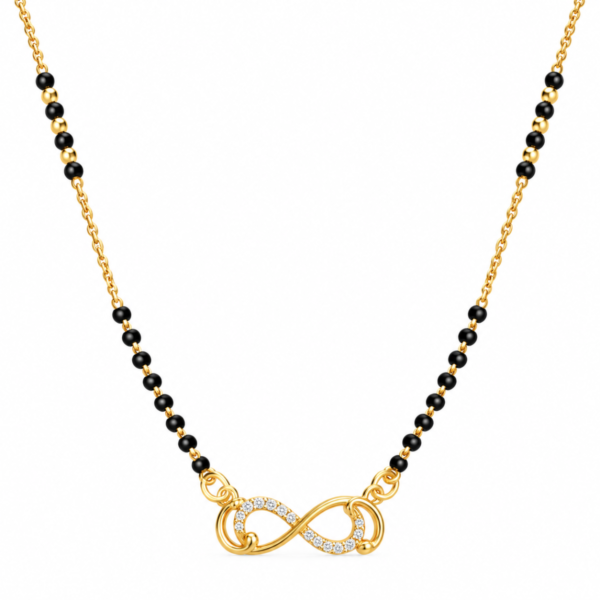 18K Gold Infinity Knot Lab Grown Diamond Mangalsutra with 0.30 Carat E-F Colour VS1 Clarity Diamonds and Traditional Black Beads