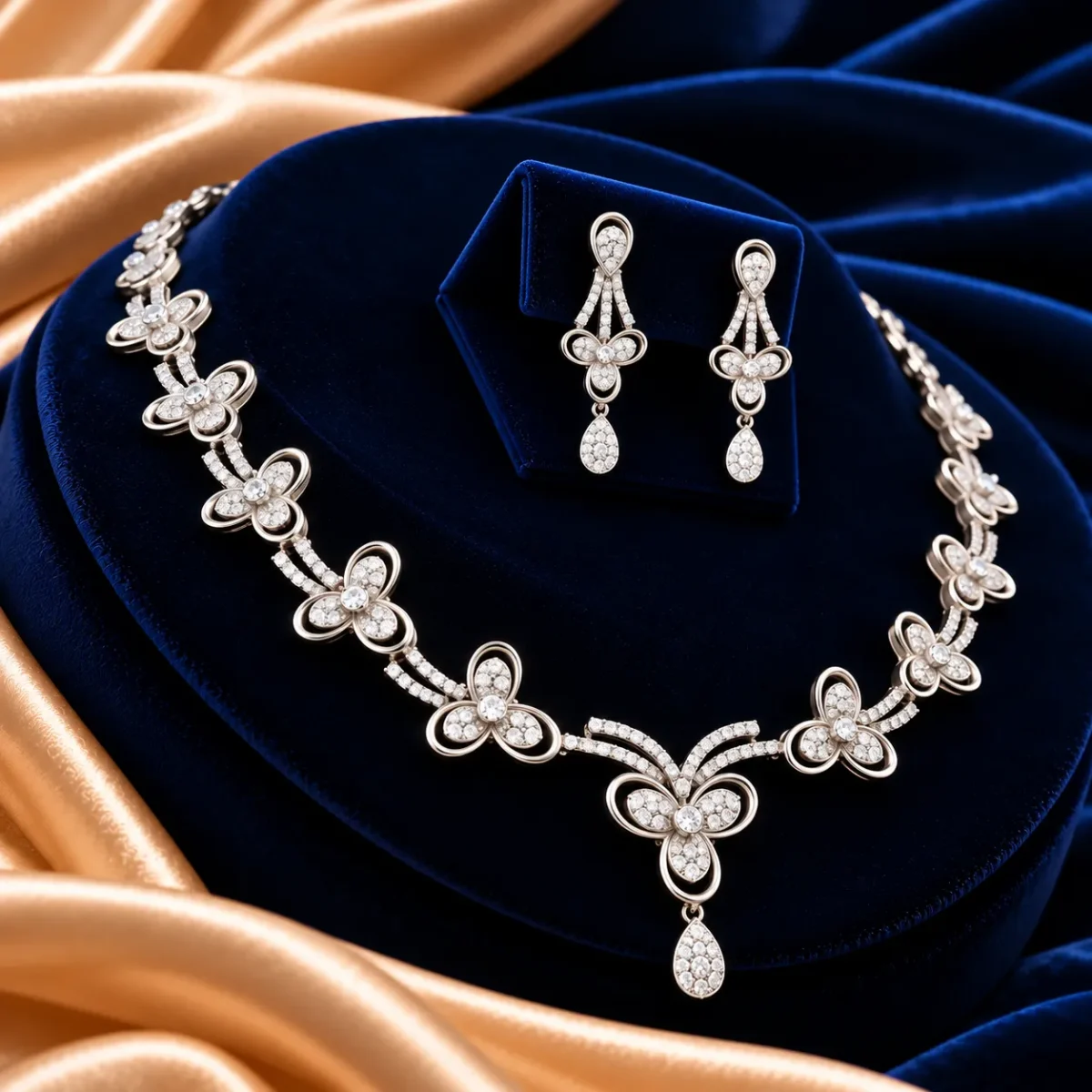 18K Gold Lab Grown Diamond Floral Necklace Set with Matching Earrings - Image 4
