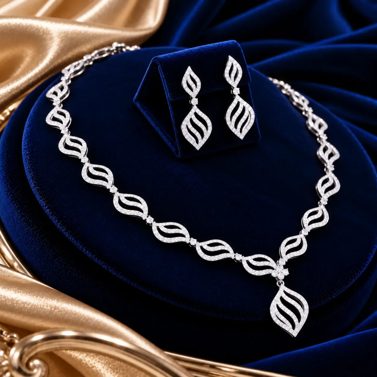 18K Gold Leaf Design Lab Grown Diamond Necklace Set with Matching Earrings - Image 4