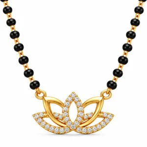 18K gold lotus grace lab grown diamond mangalsutra for women with diamond-studded floral pendant and black beads