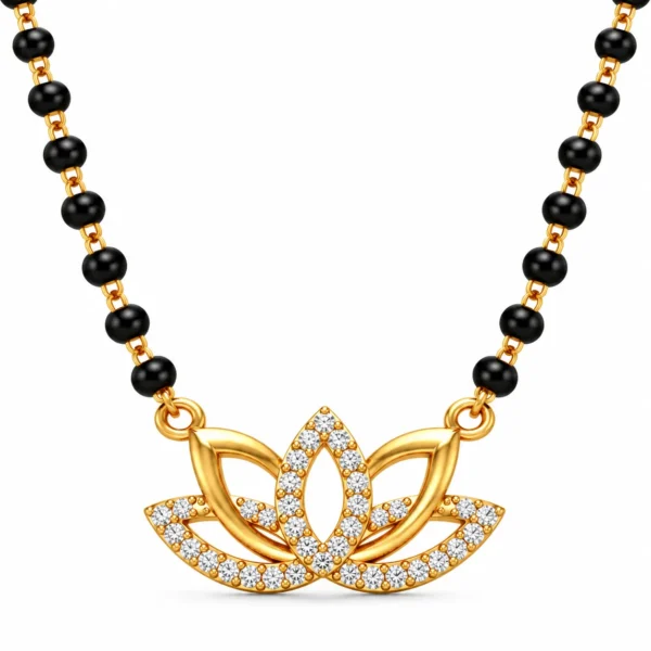18K gold lotus grace lab grown diamond mangalsutra for women with diamond-studded floral pendant and black beads