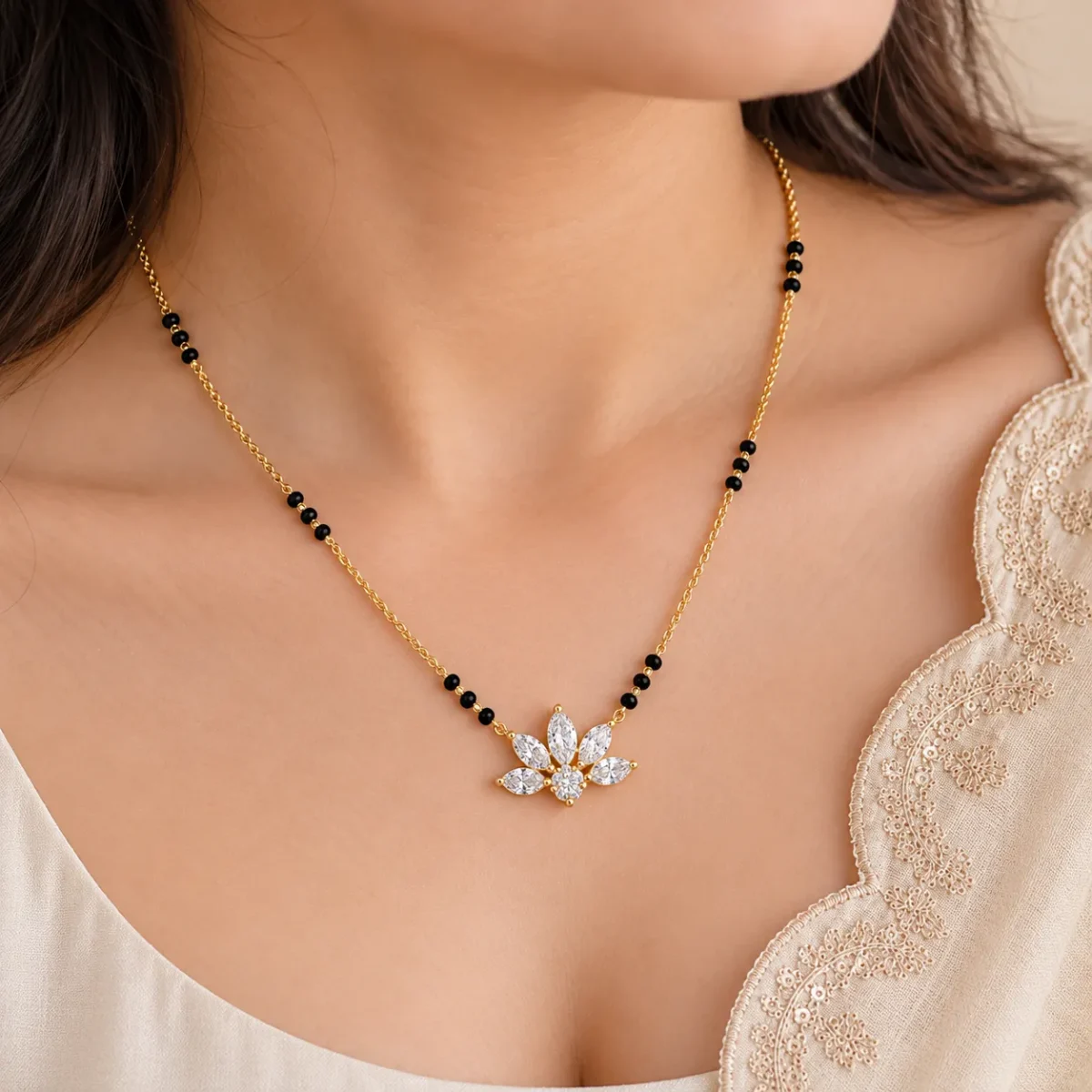 18K Gold Lotus Petal Lab Grown Diamond Mangalsutra - Image 4