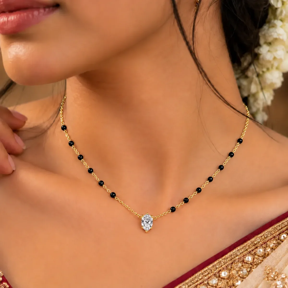 18K Gold Oval Cut Solitaire Lab Grown Diamond Mangalsutra for Women - Image 4