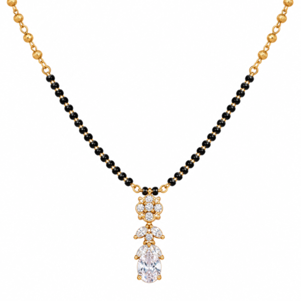 18K Gold Oval Drop Lab Grown Diamond Mangalsutra for Women featuring an elegant oval drop-inspired diamond centrepiece, polished gold detailing and traditional black mangalsutra beads.