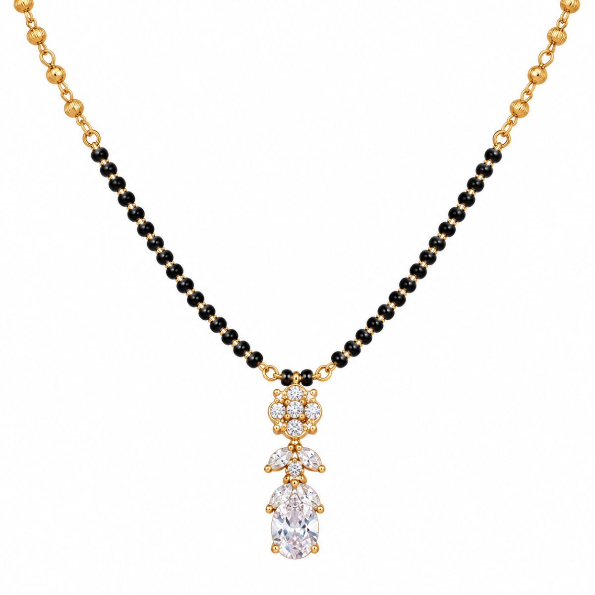 18K Gold Oval Drop Lab Grown Diamond Mangalsutra for Women 18K Gold Oval Drop Lab Grown Diamond Mangalsutra for Women featuring an elegant oval drop-inspired diamond centrepiece, polished gold detailing and traditional black mangalsutra beads.