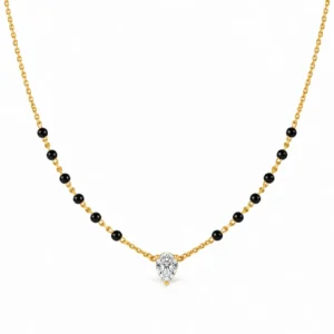 18K gold pear cut solitaire lab grown diamond mangalsutra with traditional black beads and delicate yellow gold chain on white background