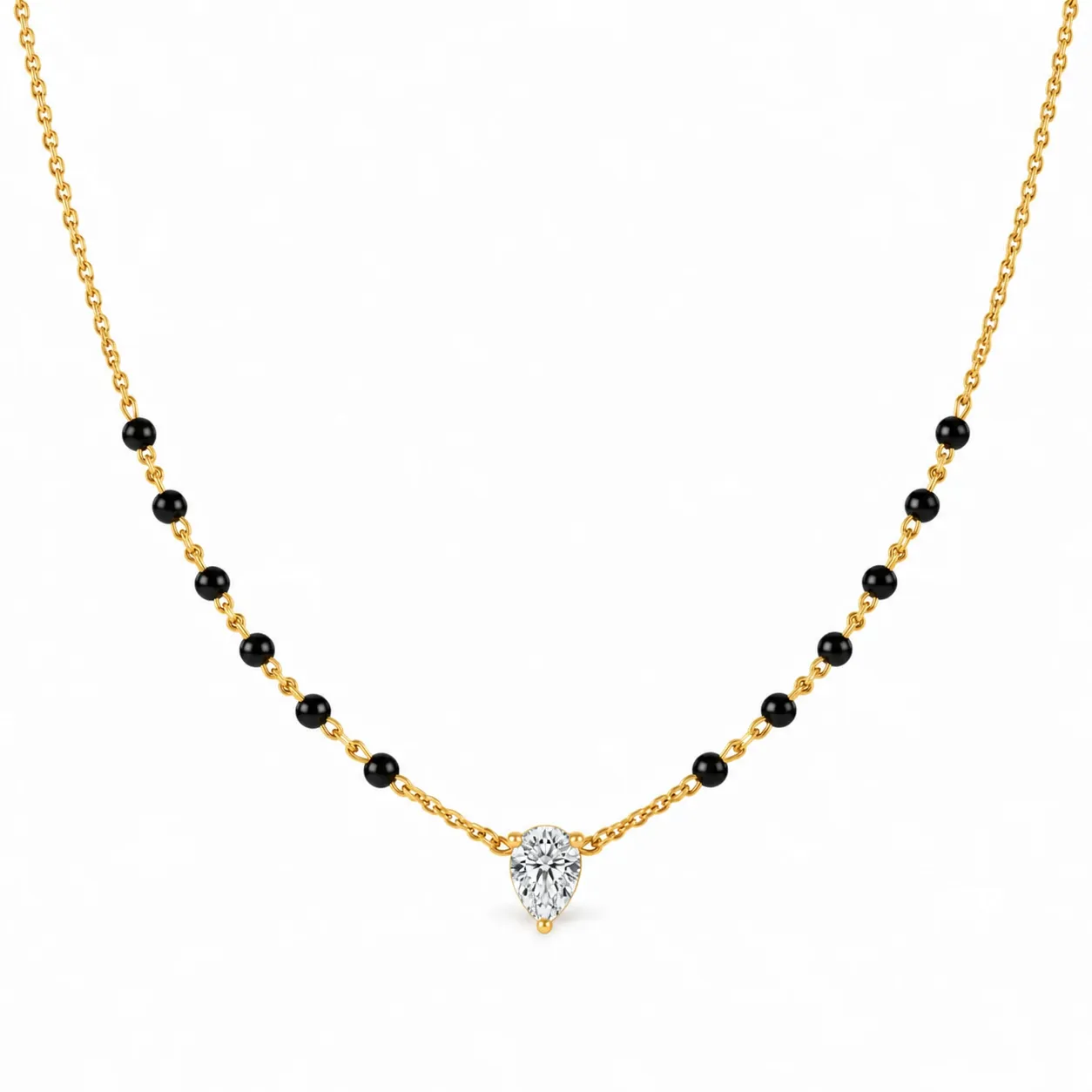 18K Gold Pear Cut Solitaire Lab Grown Diamond Mangalsutra for Women (6) 18K gold pear cut solitaire lab grown diamond mangalsutra with traditional black beads and delicate yellow gold chain on white background