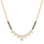 18K Gold Pear Drop Lab Grown Diamond Mangalsutra for Women featuring sparkling pear cut diamonds, an elegant teardrop-inspired gold centrepiece and traditional black mangalsutra beads.