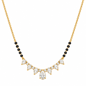 18K Gold Pear Drop Lab Grown Diamond Mangalsutra for Women featuring sparkling pear cut diamonds, an elegant teardrop-inspired gold centrepiece and traditional black mangalsutra beads.
