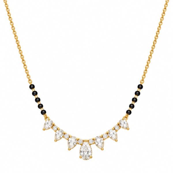 18K Gold Pear Drop Lab Grown Diamond Mangalsutra for Women featuring sparkling pear cut diamonds, an elegant teardrop-inspired gold centrepiece and traditional black mangalsutra beads.