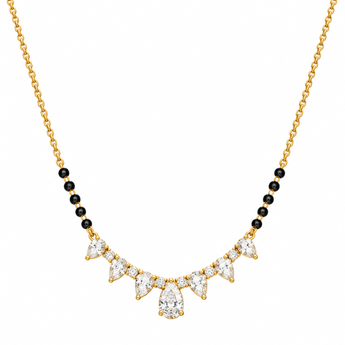 18K Gold Pear Drop Lab Grown Diamond Mangalsutra 18K Gold Pear Drop Lab Grown Diamond Mangalsutra for Women featuring sparkling pear cut diamonds, an elegant teardrop-inspired gold centrepiece and traditional black mangalsutra beads.