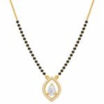 18K gold pear solitaire halo lab grown diamond mangalsutra for women with a teardrop centre diamond, round diamond border and black beads