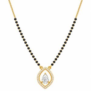 18K gold pear solitaire halo lab grown diamond mangalsutra for women with a teardrop centre diamond, round diamond border and black beads