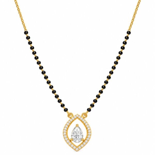 18K gold pear solitaire halo lab grown diamond mangalsutra for women with a teardrop centre diamond, round diamond border and black beads