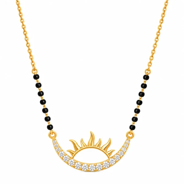 18K gold rising sun lab grown diamond mangalsutra with round diamonds and black bead chain