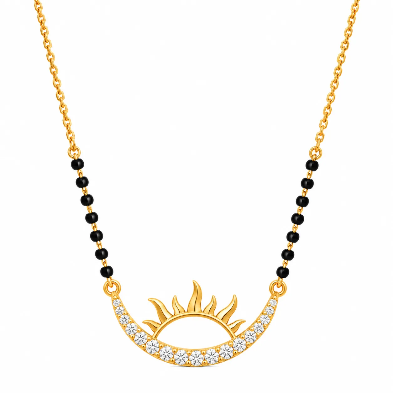 18K Gold Rising Sun Lab Grown Diamond Mangalsutra (3) 18K gold rising sun lab grown diamond mangalsutra with round diamonds and black bead chain