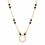 18K gold round halo lab grown diamond mangalsutra for women with circular diamond pendant and black beads