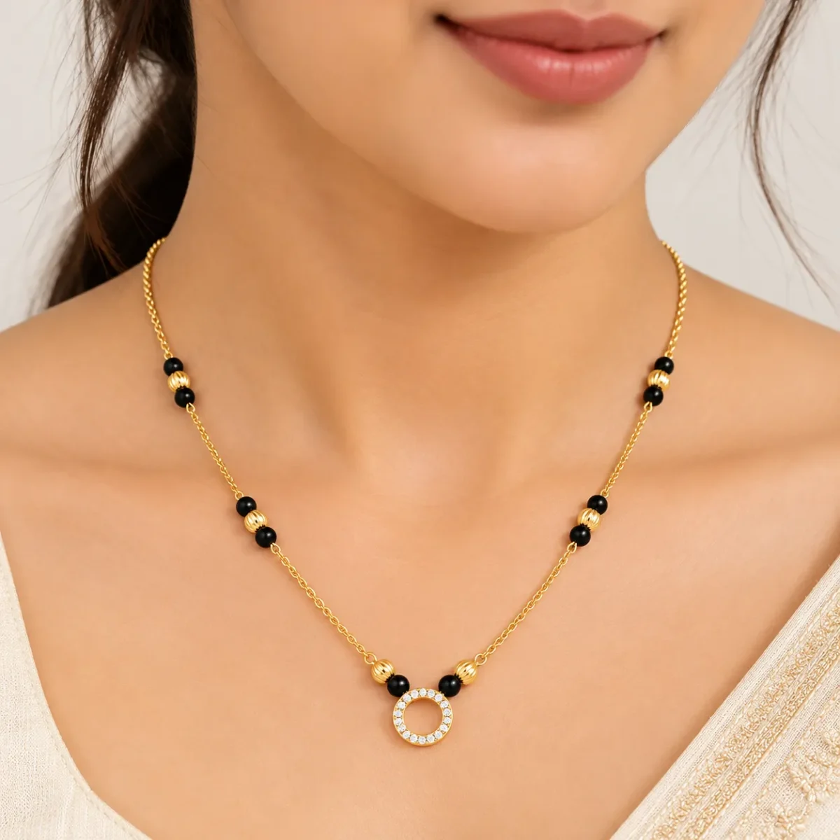 18K Gold Round Halo Lab Grown Diamond Mangalsutra for Women - Image 4