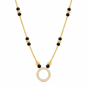 18K gold round halo lab grown diamond mangalsutra for women with circular diamond pendant and black beads