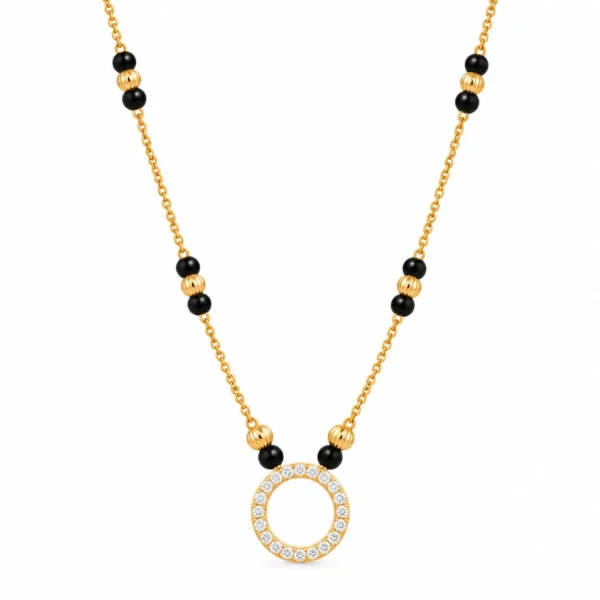 18K gold round halo lab grown diamond mangalsutra for women with circular diamond pendant and black beads