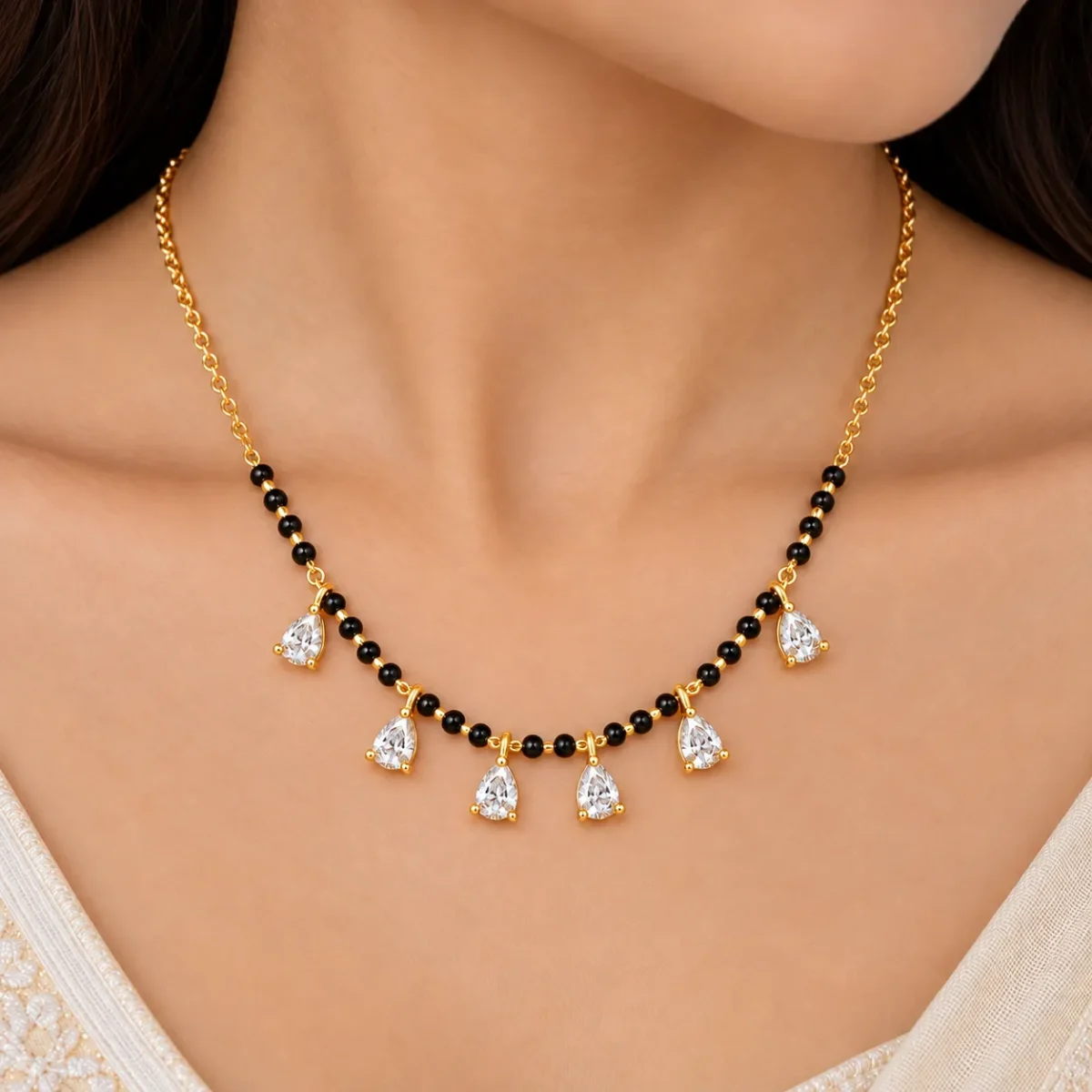 18K Gold Six Pear Lab Grown Diamond Mangalsutra for Women - Image 4