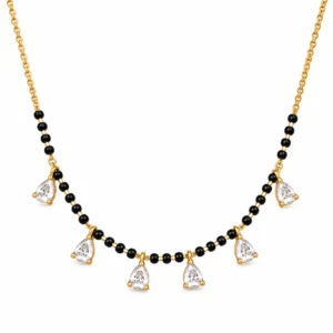 18K Gold Six Pear Lab Grown Diamond Mangalsutra for Women featuring six sparkling pear cut diamonds, an elegant gold centrepiece and traditional black mangalsutra beads.