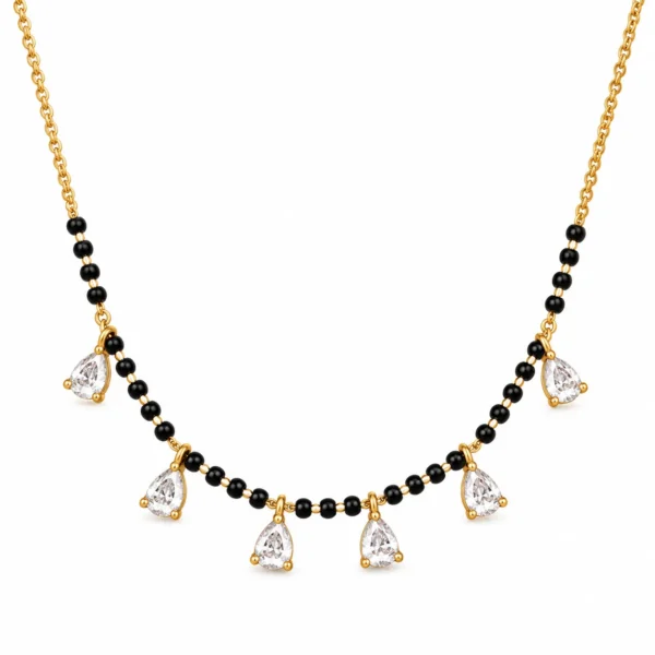 18K Gold Six Pear Lab Grown Diamond Mangalsutra for Women featuring six sparkling pear cut diamonds, an elegant gold centrepiece and traditional black mangalsutra beads.