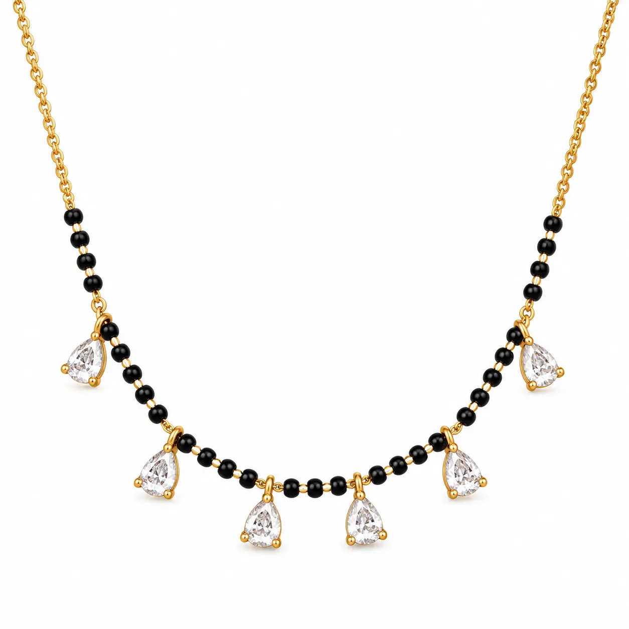 18K Gold Six Pear Lab Grown Diamond Mangalsutra (13) 18K Gold Six Pear Lab Grown Diamond Mangalsutra for Women featuring six sparkling pear cut diamonds, an elegant gold centrepiece and traditional black mangalsutra beads.