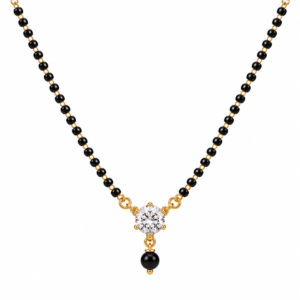 18K Gold Solitaire Drop Lab Grown Diamond Mangalsutra for Women featuring an elegant single diamond drop pendant, polished gold detailing and traditional black mangalsutra beads.