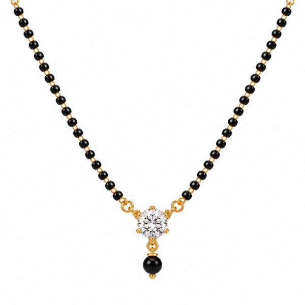 18K Gold Solitaire Drop Lab Grown Diamond Mangalsutra for Women featuring an elegant single diamond drop pendant, polished gold detailing and traditional black mangalsutra beads.