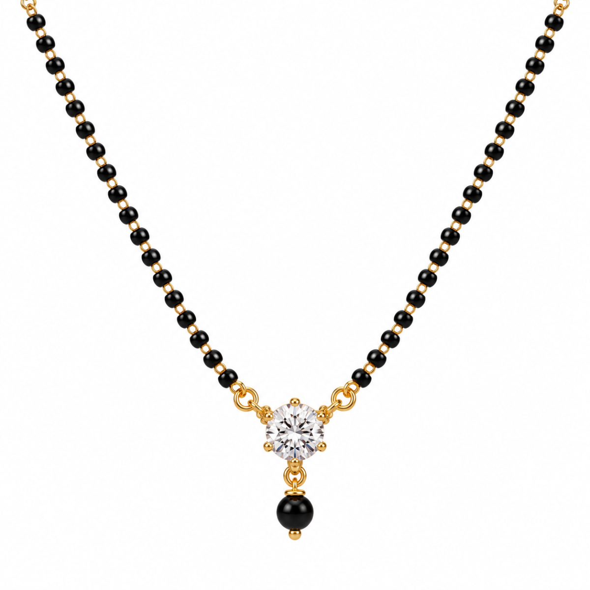 18K Gold Solitaire Drop Lab Grown Diamond Mangalsutra 18K Gold Solitaire Drop Lab Grown Diamond Mangalsutra for Women featuring an elegant single diamond drop pendant, polished gold detailing and traditional black mangalsutra beads.