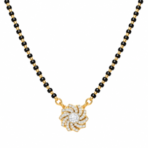 18K Gold Spiral Lab Grown Diamond Mangalsutra for Women featuring an elegant spiral-inspired diamond centrepiece, polished gold detailing and traditional black mangalsutra beads.