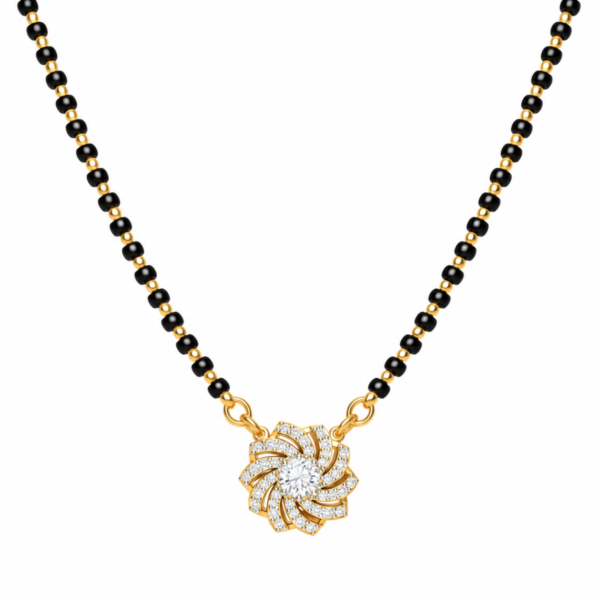 18K Gold Spiral Lab Grown Diamond Mangalsutra for Women featuring an elegant spiral-inspired diamond centrepiece, polished gold detailing and traditional black mangalsutra beads.