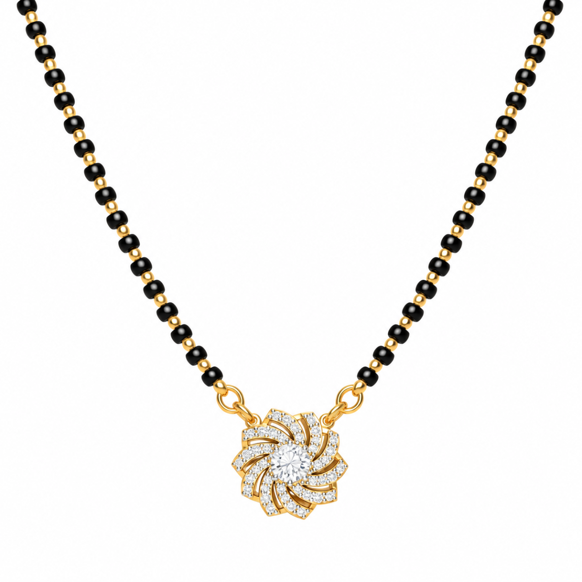 18K Gold Spiral Lab Grown Diamond Mangalsutra 18K Gold Spiral Lab Grown Diamond Mangalsutra for Women featuring an elegant spiral-inspired diamond centrepiece, polished gold detailing and traditional black mangalsutra beads.